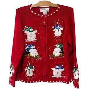 Tiara International Sweater Red Snowman Cardigan Holiday Snow Beaded Medium